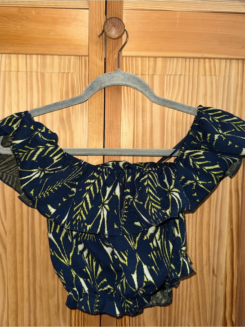 Zara Navy Off-Shoulder Crop Top with Yellow Leaf Print